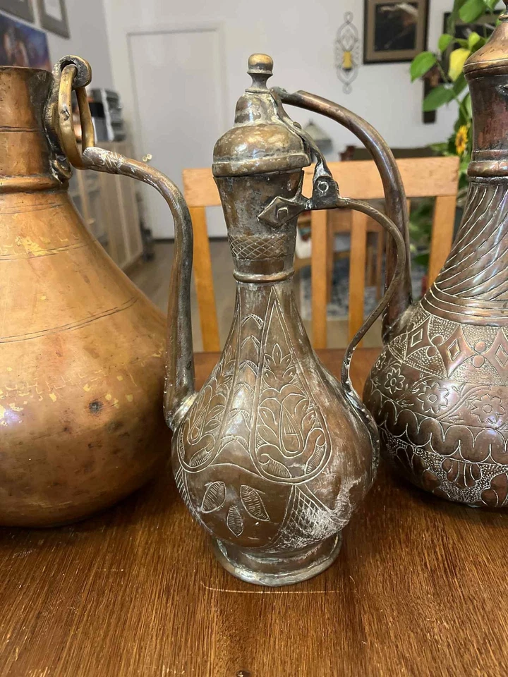 Lot of 4 Antique Middle Eastern Copper & Brass Ewers Water Pot Hand Engraved - Image 2 of 4