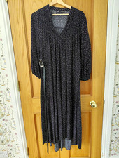 ZARA Black & White Polka Dot Midi A-Line Dress L 3/4 Sleeve V-Neck Belt