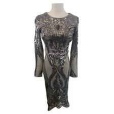 Betsy Adam Sequin Dress Cocktail Party Long Sleeve Bodycon Gray Size 4 Stunning