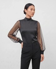 High Neck Ruffle Mesh Sleeve Bodysuit with Zip Back