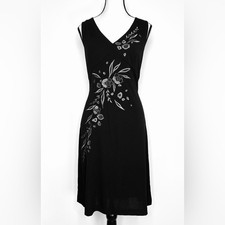 Vintage Adrianna Papell Y2K Sleeveless Cocktail Dress Silver Floral Embroidery