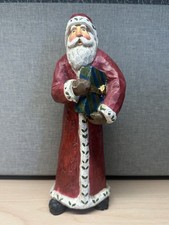 Santa Claus Figurine Holding Christmas Present 9.5  Crackle Folk Art Decor