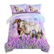 Farm Animal Bedding Set Horse Comforter,Butterfly Lilac Floral Queen Purple-a