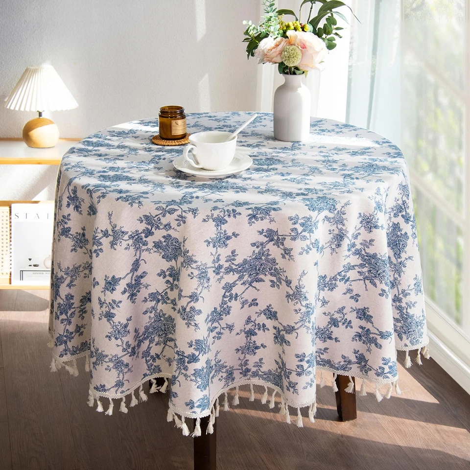 Linen Floral Round Tablecloth 60 Inch – Washable Vintage Blue Table Cloth for... - Image 2 of 4