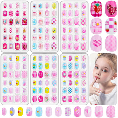 144 Pcs Kids Fake Nails Set,  6 Pack Press on Nail Pre-Glue Artificial False Acr