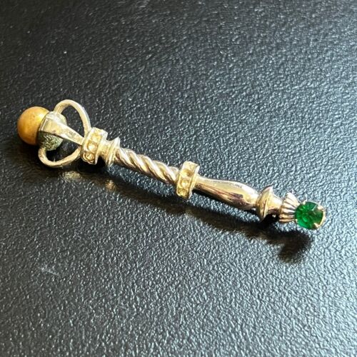 Vintage Crown Sceptre Brooch 925 Sterling Silver Green and Clear Stones Flaw