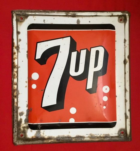 VTG ORIGINAL 1964 7up PORCELAIN 7 up METAL FLANGE STOUT SIGN!