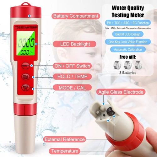 4 in 1 PH TDS EC TEMP Meter Digital Test Pen Home Drinking Water Quality Tester - Picture 3 of 11