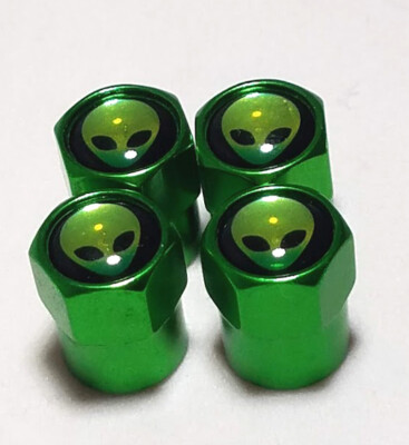 4x Green UFO Alien Logo Tire Air Valve Cap For Cars, Trucks & SUVs 