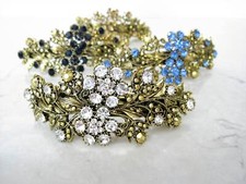 Large bronze gold flower leaves amber blue crystal hair barrette bridal clip