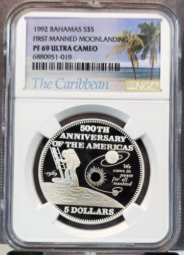 1992 BAHAMAS SILVER 5 DOLLARS 1ST SPACE FLIGHT NGC PF 69 ULTRA CAMEO TOP POP