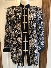 VTG Yi Lin Women's Silk Blouse Tunic Black Floral Cheongsam Button Up Large R8