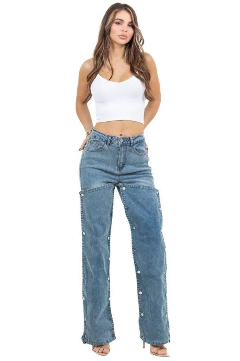 【SATIIIZ】Pad snap button denim pants Denim Snap Button Pad Style Pants | eBay