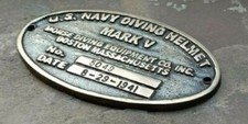Vintage Solid Brass U.S. Navy Mark V Diving Divers Helmet Name Plate Collectible