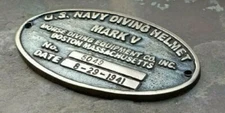 Vintage Solid Brass U.S. Navy Mark V Diving Divers Helmet Name Plate Collectible