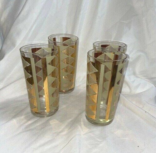 Vintage Gold and Frosted Diamond Maize Pattern Hi Ball Glasses- Set of 4 - Picture 2 of 3