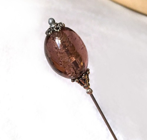 LONG Simple HATPIN with Vintage PURPLE Glass - Old Silver Finish Setting 10 inch