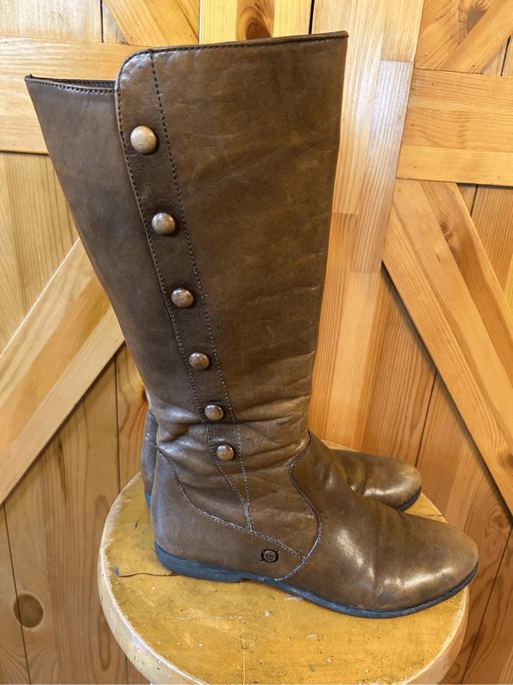 Women's Brown Leather Studded Knee-High Sage Boots with Side Zip Size 8