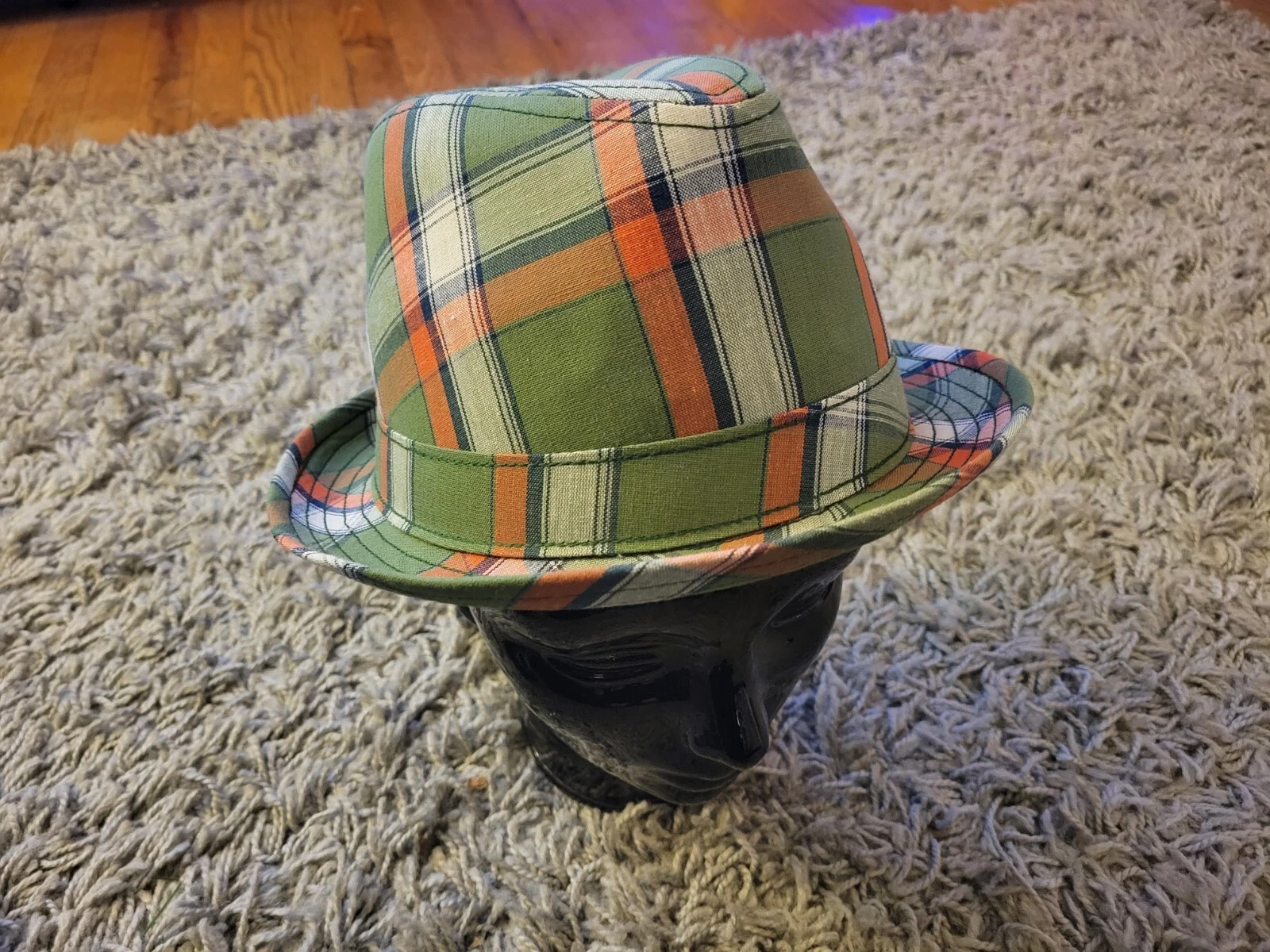 🔥🔥 Christys Crown Series fedora Men Med Green Orange Plaid Retro Sun Hat NWT