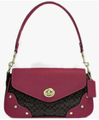 Coach Millie Signature Canvas Leather Rivets Brown Pink Shoulder Bag CE639 NWT