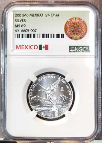 2001 MEXICO SILVER 1/4 ONZA LIBERTAD NGC MS 69 RARE STELLAR GEM COIN