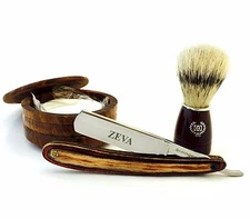4 PC WET SHAVING WOOD KIT CUT THROAT STRAIGHT RAZOR, WOOD CUP, SOAP & BRUSH