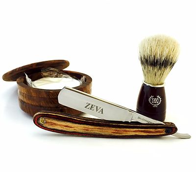 4 PC WET SHAVING WOOD KIT CUT THROAT STRAIGHT RAZOR, WOOD CUP, SOAP & BRUSH