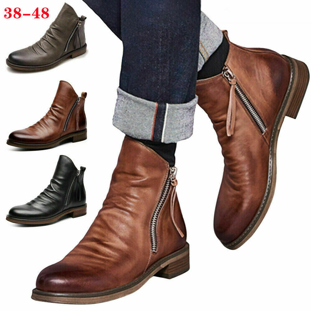 Men's Chelsea Boots Retro Brogue Ankle Bootie Round Toe Casual Zip