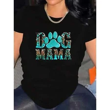 Dog Mom Women's Round Neck T-shirt, Cute Letter Print Pet Lover T-shirt