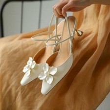 Women's Wedding Elegant Fashion Floral Pearl Beads Slingback Slim Mid Heel Shoes