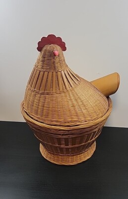 VINTAGE FARMHOUSE CHICKEN HEN ROOSTER WICKER BREAD WEAVE BASKET WITH ...