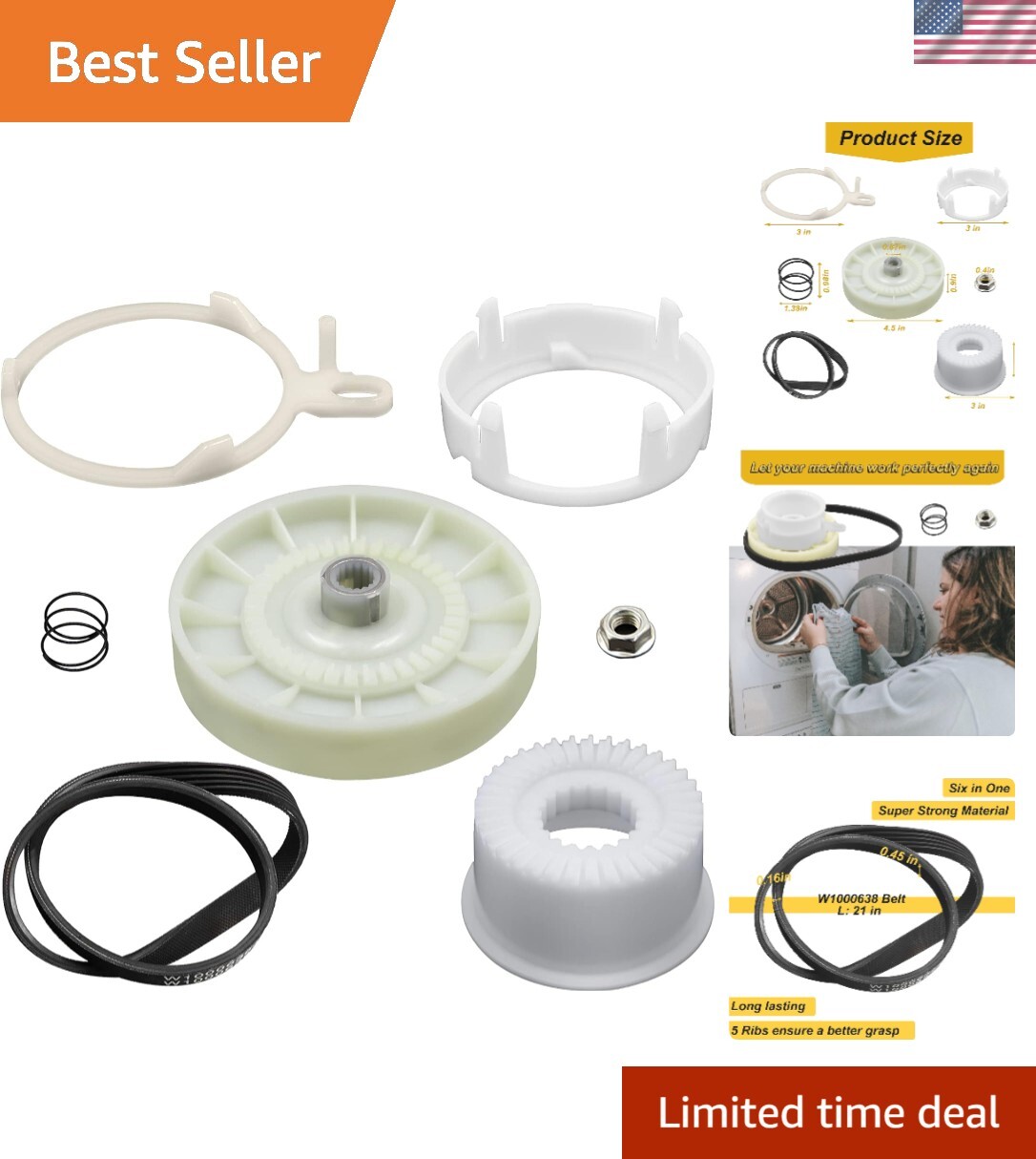 Whirlpool Kenmore Washer Pulley Clutch Kit with Drive Belt Replacement Durable