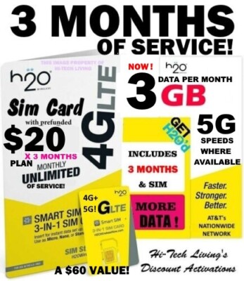 H2O H20 WIRELESS SIM  w/ 3 MONTHS x $20 Plan   UNLIMITED T/T   Now 3 gb DATA !
