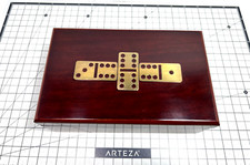 Double Nine Dominoes 1994 Wooden Box Case Brass Inlays 55 Bakelite Tiles Korea 