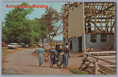 Postcard - 1960s Amish Barn Raising Lancaster Pennsylvania PA Building
