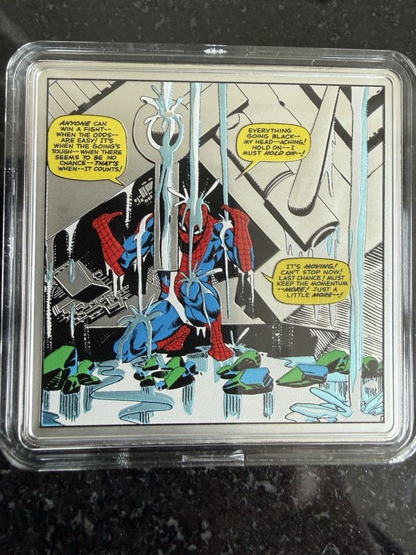 2026 Niue Agoro Marvel Iconic Moments Spider-Man Finds Strength 1 oz Silver