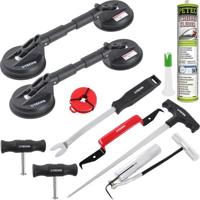TECPO SCHEIBEN AUSBAUWERKZEUG SET GUMMI DOPPELSAUGER Ø118mm SCHEIBENKLEBER 310ml