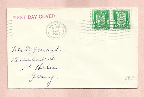 JERSEY 29 JAN 1942 PAIR HALFPENNY ARMS ON FDC