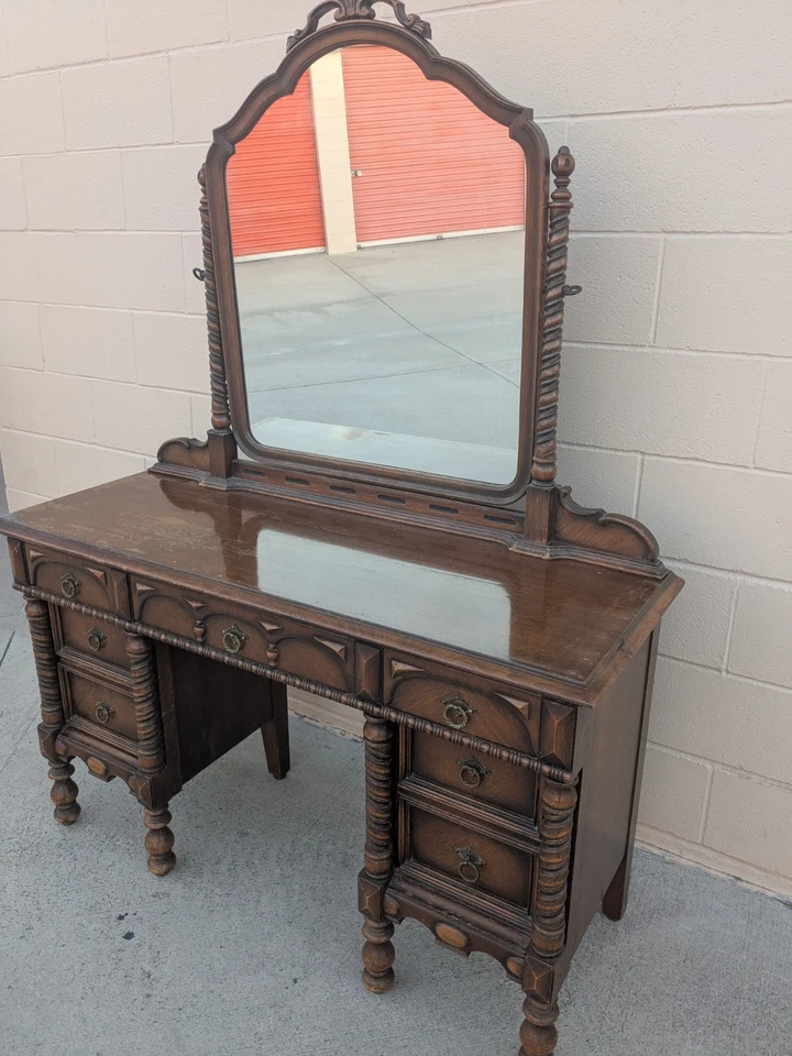 Vintage Modern Regency Wood Vanity Desk with Mirror - Image 2 of 4