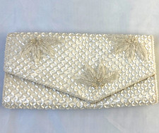 VTG Clutch Purse Beaded Satin Cream White Bridal Evening Bag