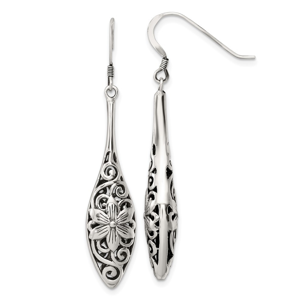 Sterling Silver Antiqued Floral Teardrop Shepherd Hook Drop & Dangle Earrings