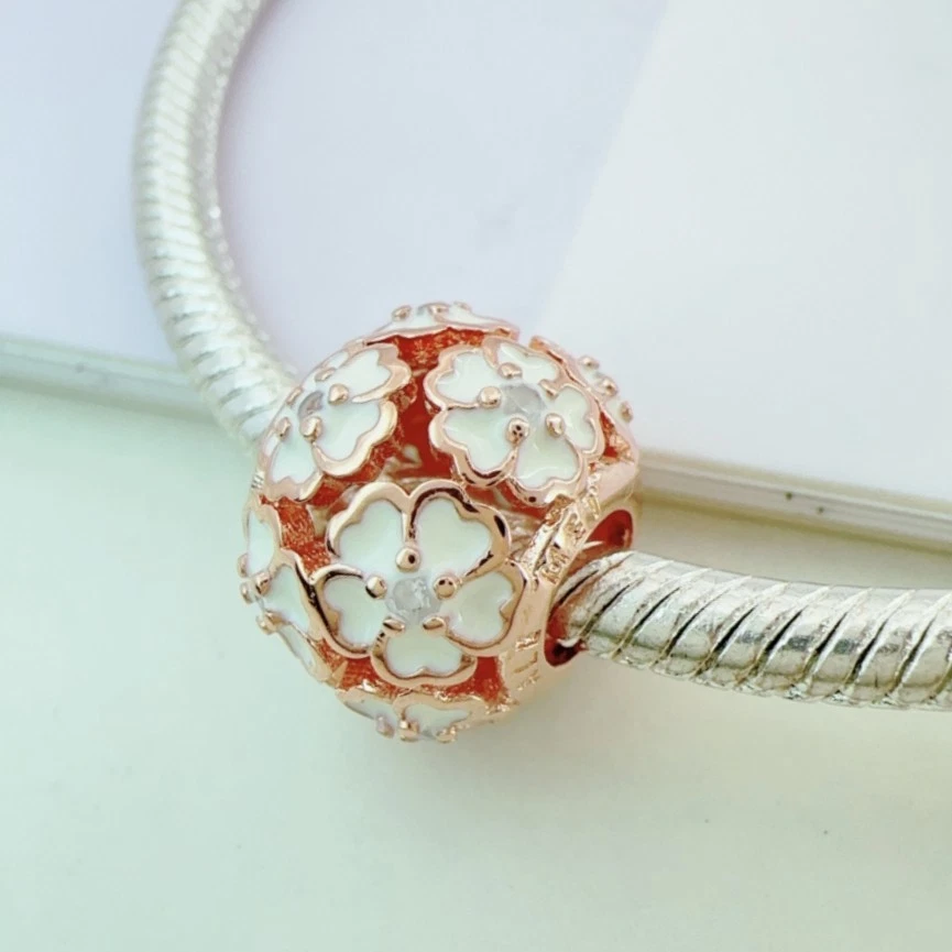 Esmalte blanco flor de prímula oro rosa circonita cúbica dije cuentas se adapta a pulsera Euro/Momentos Foto 4 de 4