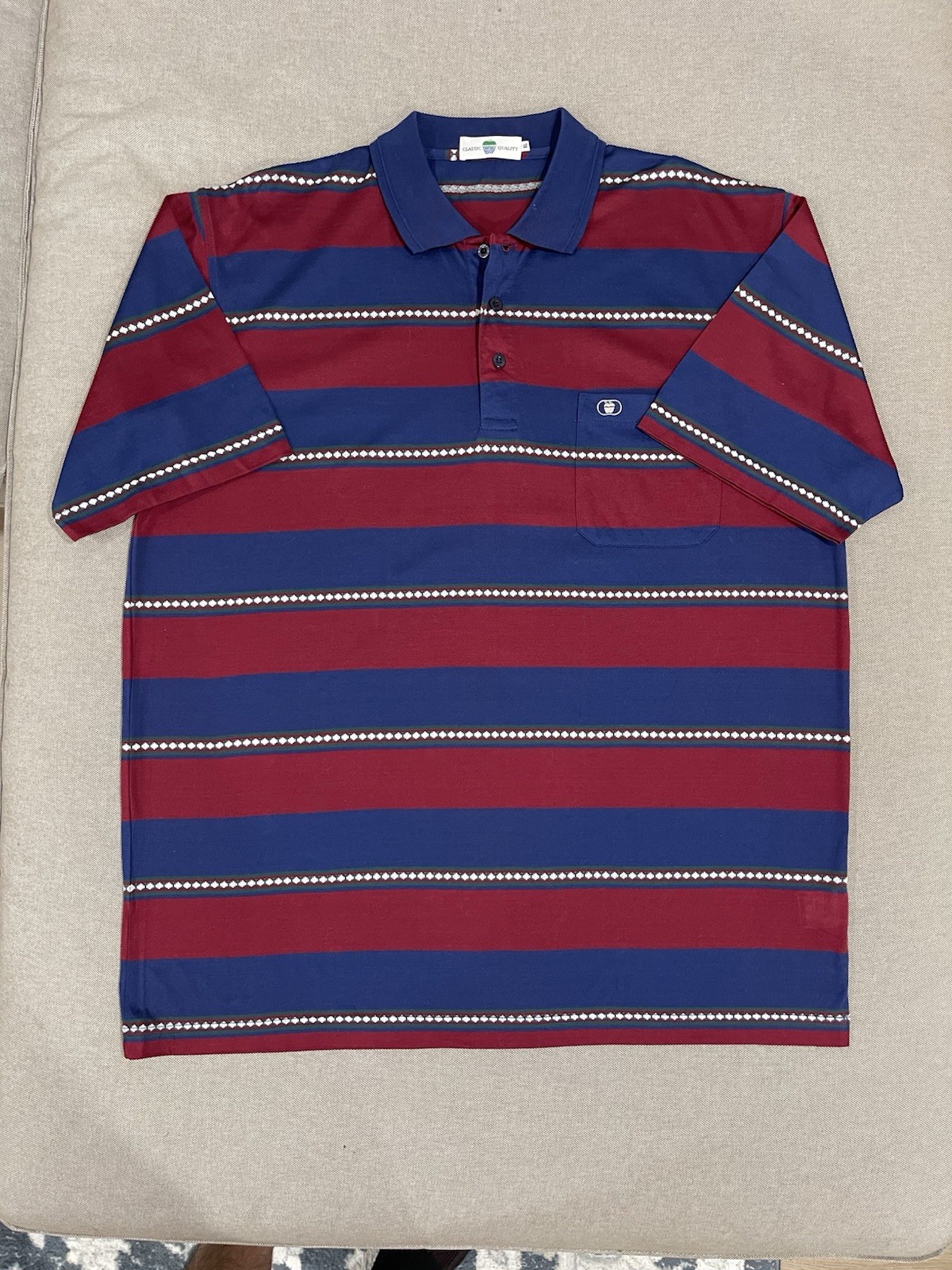 Vintage 90’s Texwood Men’s Striped Print Polo Shirt Red And Blue Summer Size XL