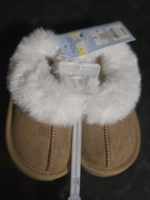 Cat  Jack Unisex Kids Size 5 Brown/White Faux Suede Faux Fur Slip-On Slipper