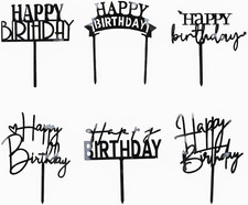 Black Birthday Cake Topper, 6Pcs Acrylic Birthday Cake Toppers Happy Birth Cake