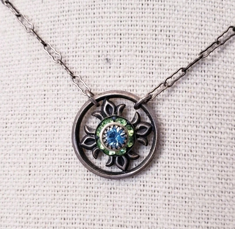 Винтажный Liz Palacios SF зеленый и синий кристалл цветок серебристого тона подвеска ожерелье - Изображение 3 из 4