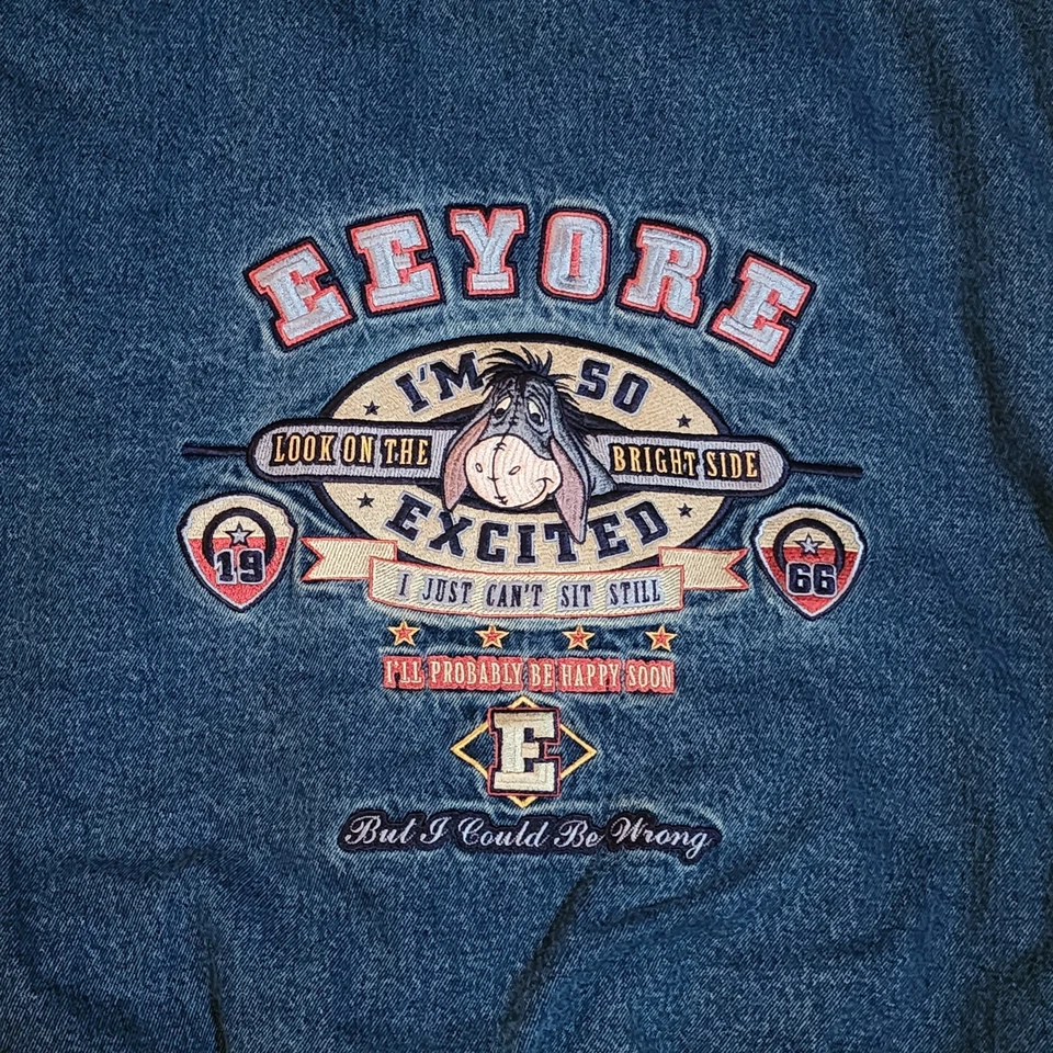 Chaqueta Bomber Universitaria Denim Eeyore De Colección Años 90 Disney Store Talla Pequeña Sin Capucha Foto 4 de 4