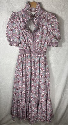 Karlie Paris Floral Ruffle Maxi Dress Vintage Blue Smocked Cotton Poplin Size M