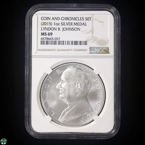 Coin and Chronicles Set 2015 1 oz Silver Medal Lyndon B. Johnson NGC MS 69