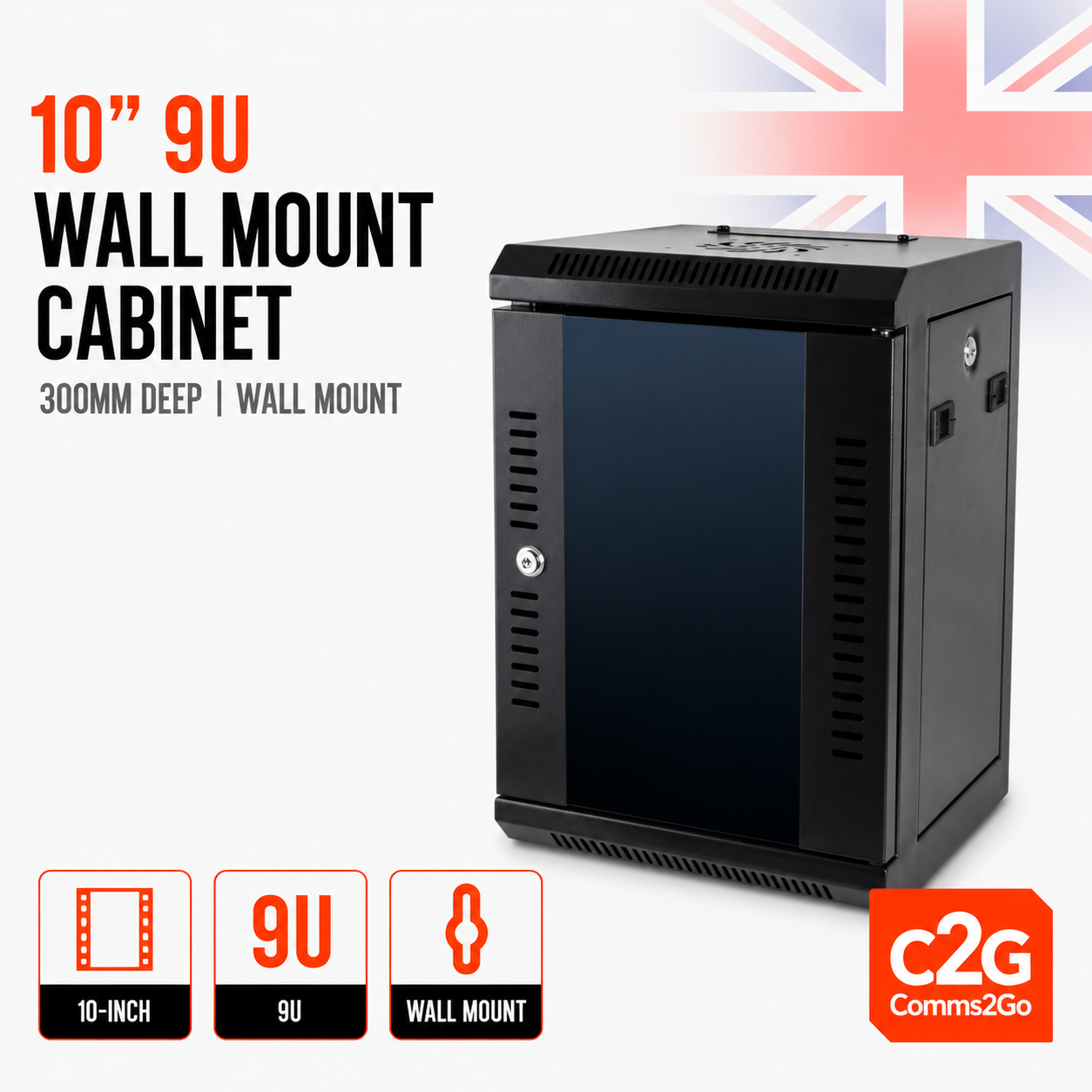 10"" 9U 300mm Black Wall Cabinet Network Data Rack SOHO Home Office Server Switch